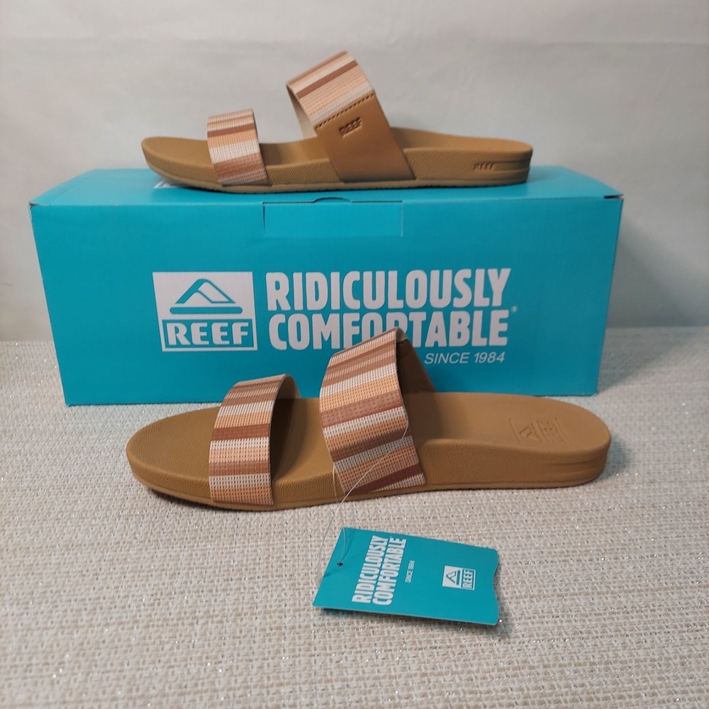 Reef Women's Tan and Beige Striped Slide Sandals